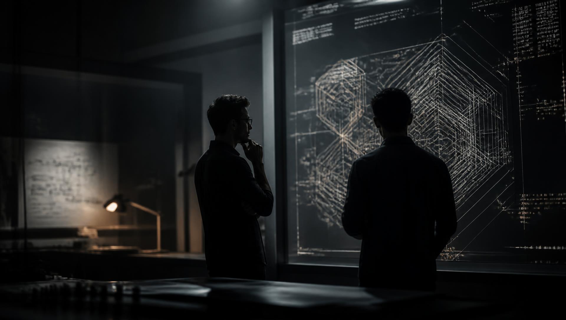 Two engineers studying an abstract geometric schematic on a large illuminated display in a dark lab